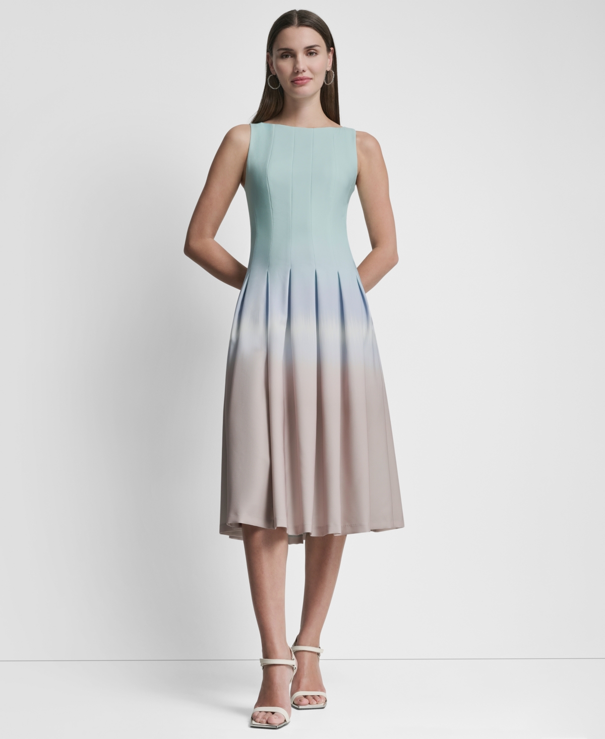 Dkny Women's Sleeveless Pleated Boat Neck Midi Dress