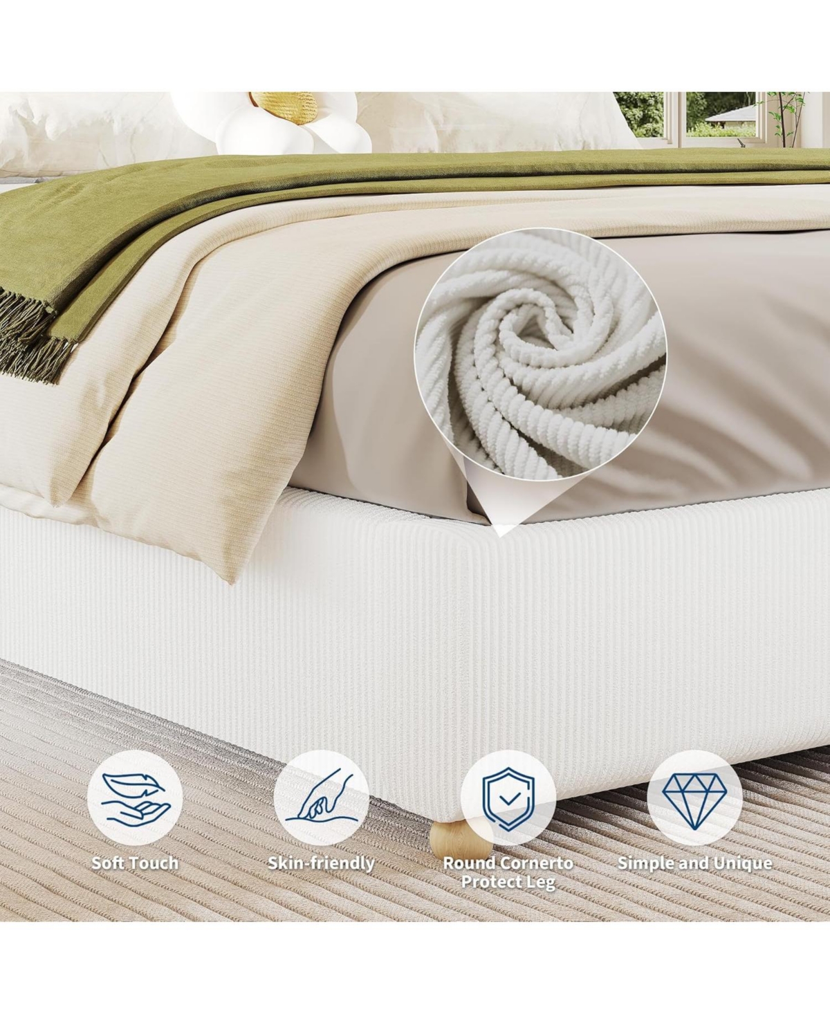 Gaomon Full Cloud Bed Frame – Corduroy Upholstered Low Platform, Solid Wood Legs, No Headboard