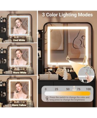 Vanity Desk LED Light Mirror and Charging Station Small Makeup Vanities Set for Bedrooms, Apartments, Easy to Assemble