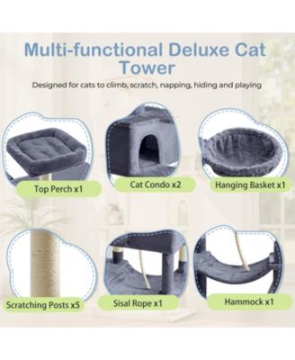 66in Cat Tree Tower: Large Multi-Cat Climbing, Extended Platform, Hammock, Pet House