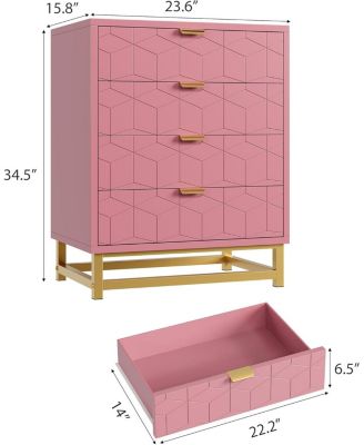 Dresser for Bedroom, 4 Drawer Pink Wooden Dresser with Gold Handles, Modern Storage Dressers & Chests of Drawers for Hallway,