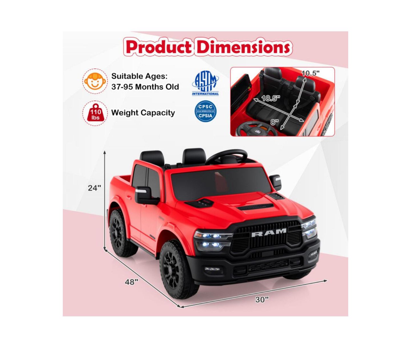 Детская игрушка HONGGE Two-Seater Ride-On Truck with Remote Control & Dual Motors, 2-Seater, Ages 3+, цвет: Красный — фото 3