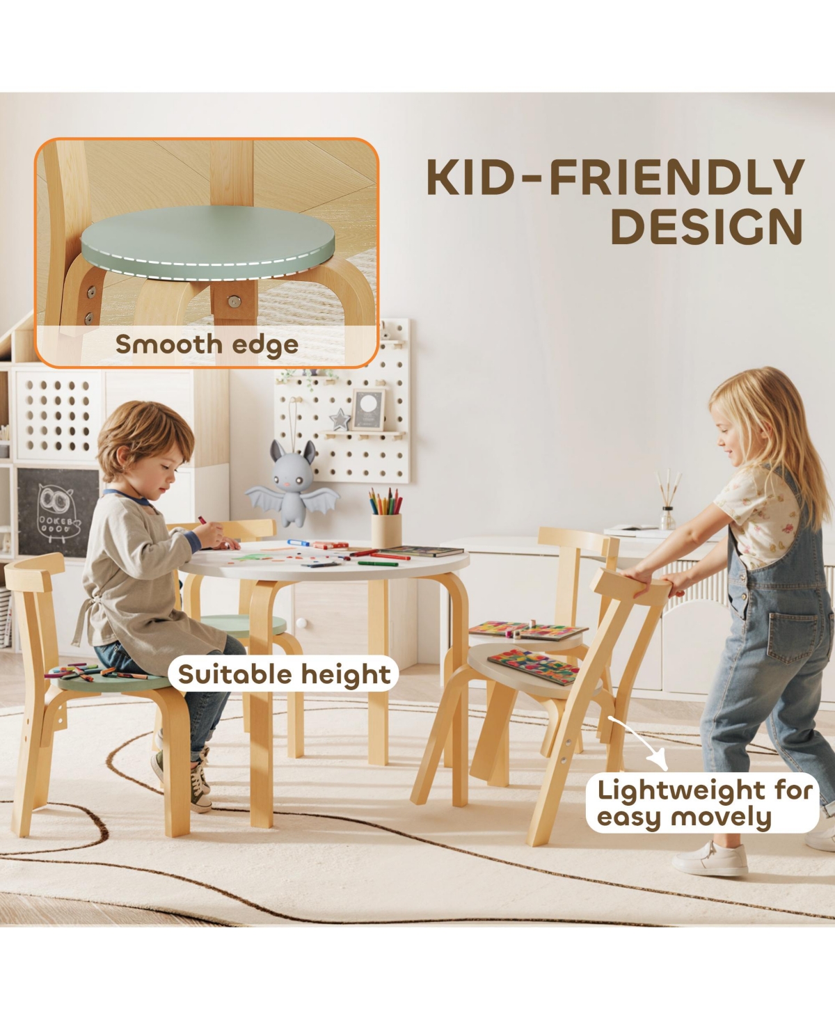 Hongge 5 Piece Kids Table and Chair Set for Ages Three to Eight Solid Wood Play Furniture
