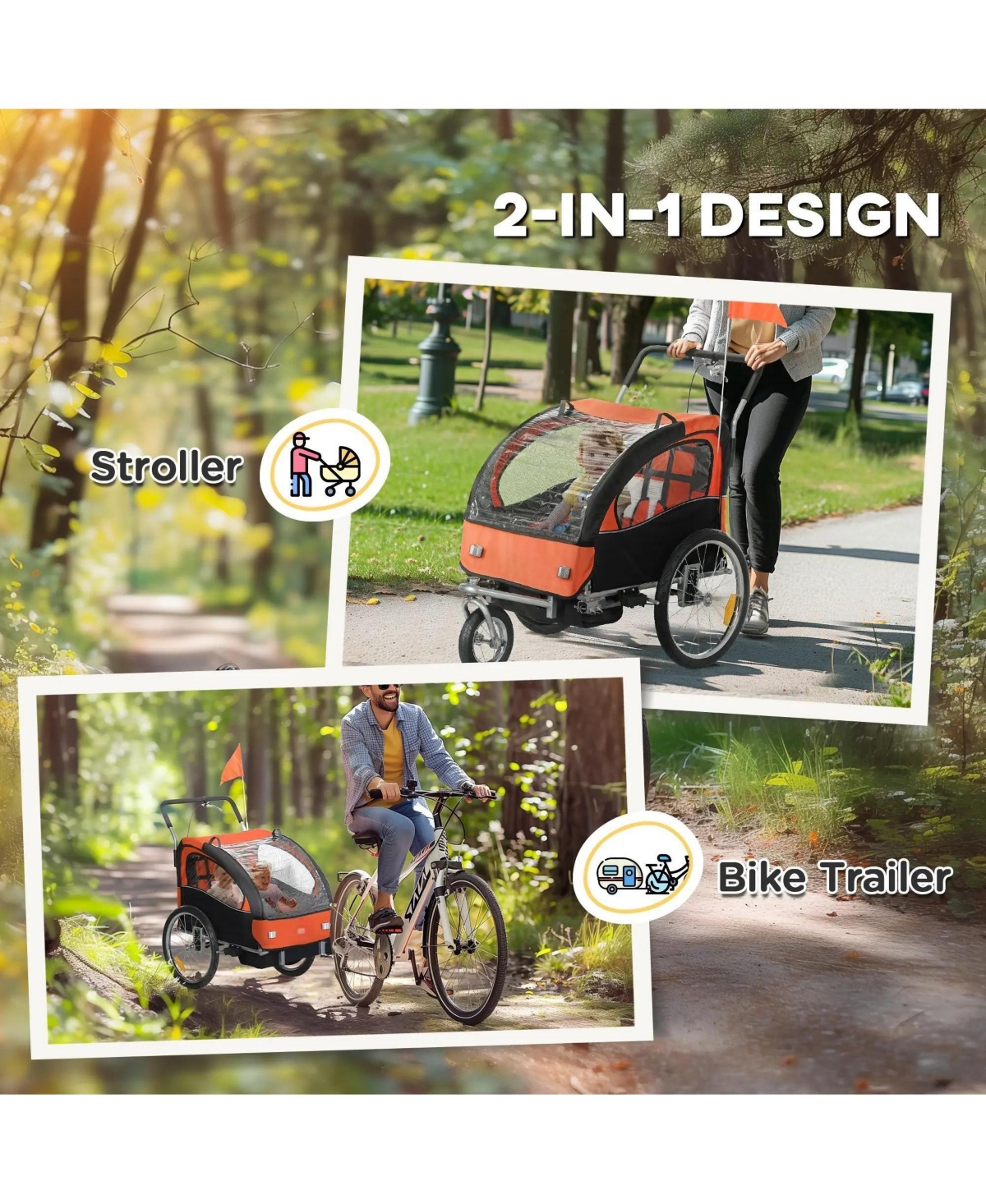 Kids Bicycle Trailer with Suspension and Canopy for Two Children Outdoor Riding