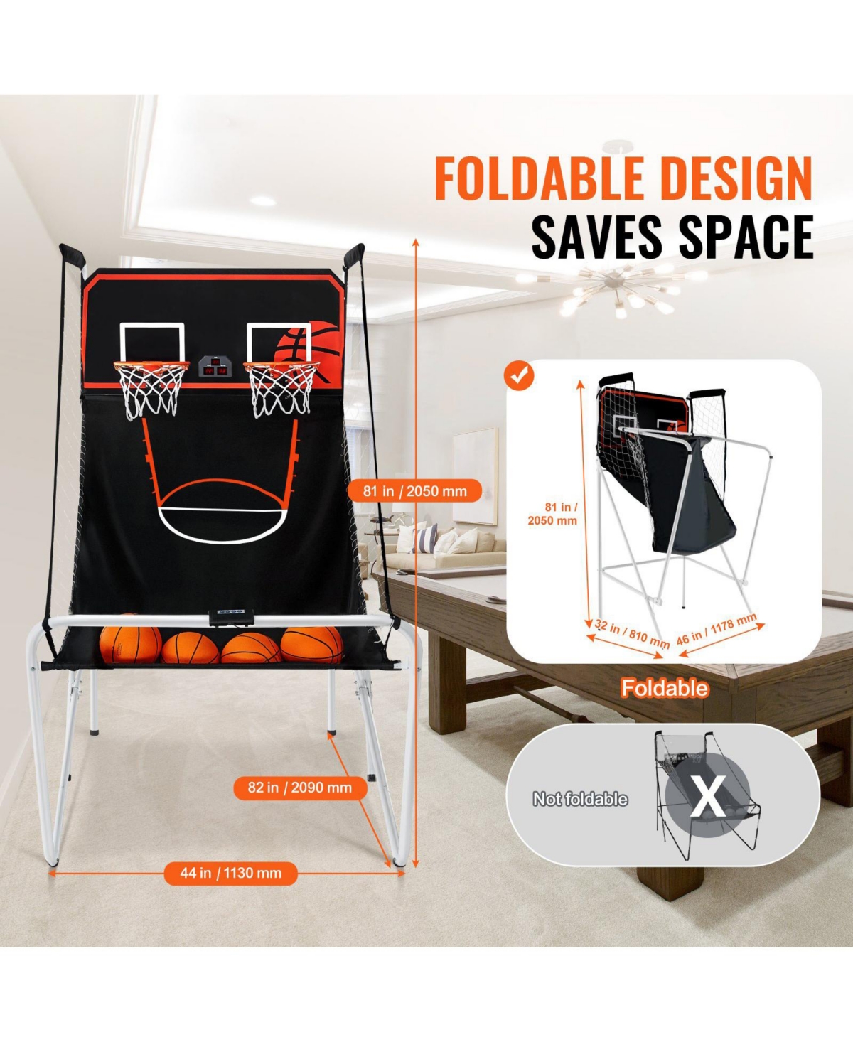 Sugift Foldable Basketball Arcade Game 2-Player Indoor Dual Shot with Scoreboard 4 Balls