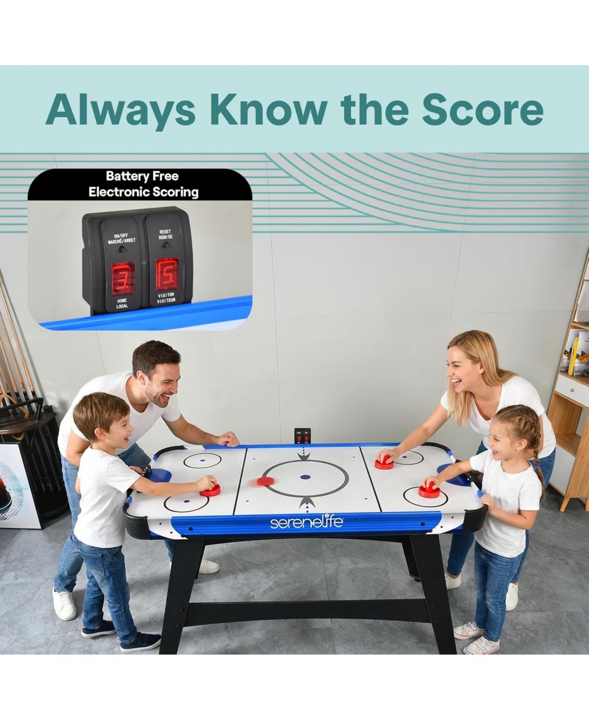 SereneLife 58" Powered Air Hockey Table – Dual Motor Arcade Game with Led Scoreboard, 4 Pucks & 2 Pushers for Home & Game Room