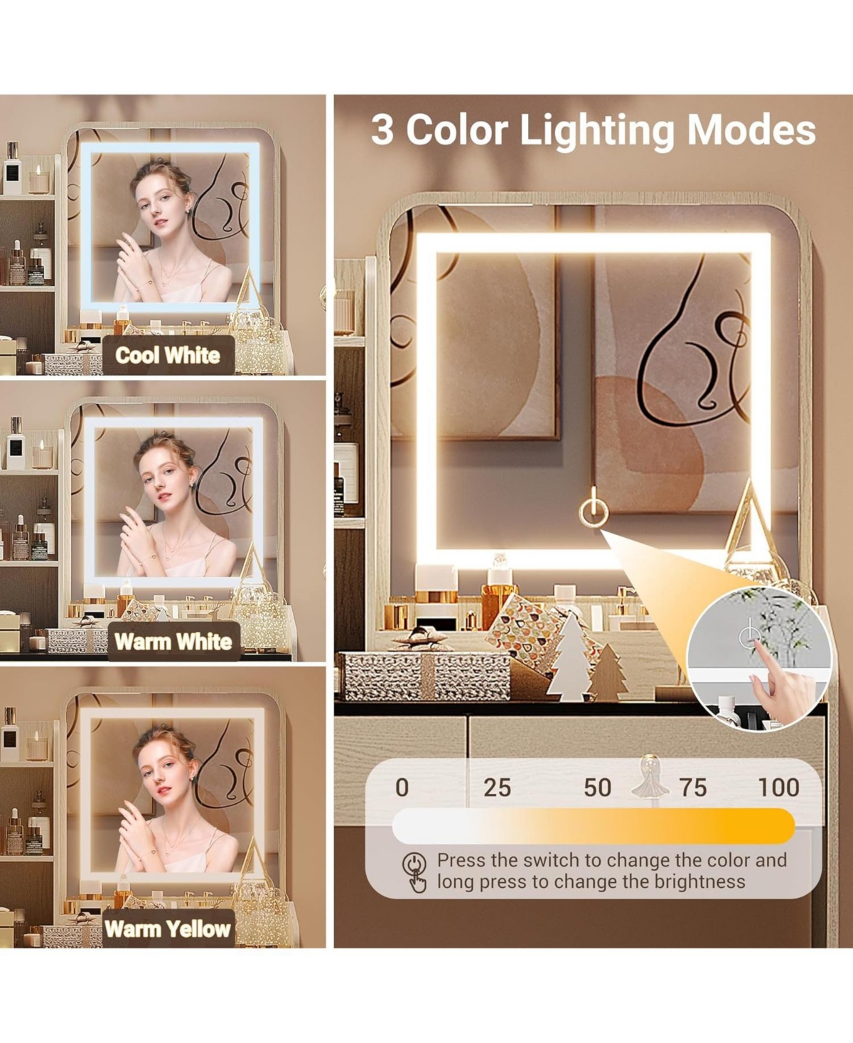 Gaomon Vanity Desk Mirror Lights and Charging Station Modern Vanity Set for Bedrooms, Apartments, Easy to Assemble
