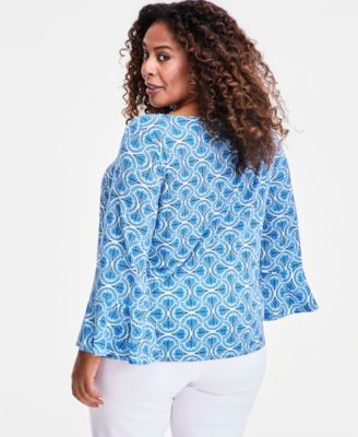 Plus Size Winding Leaves Flare Sleeve Boat Neck Top