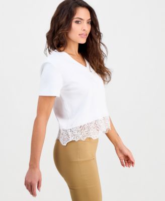 Petite Lace-Hem V-Neck Tee