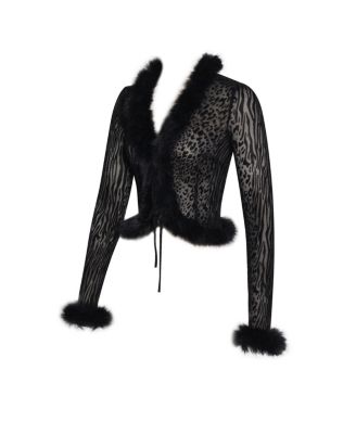 Women's Hali Black Animal Print Burnout Velvet Fur Trim Top