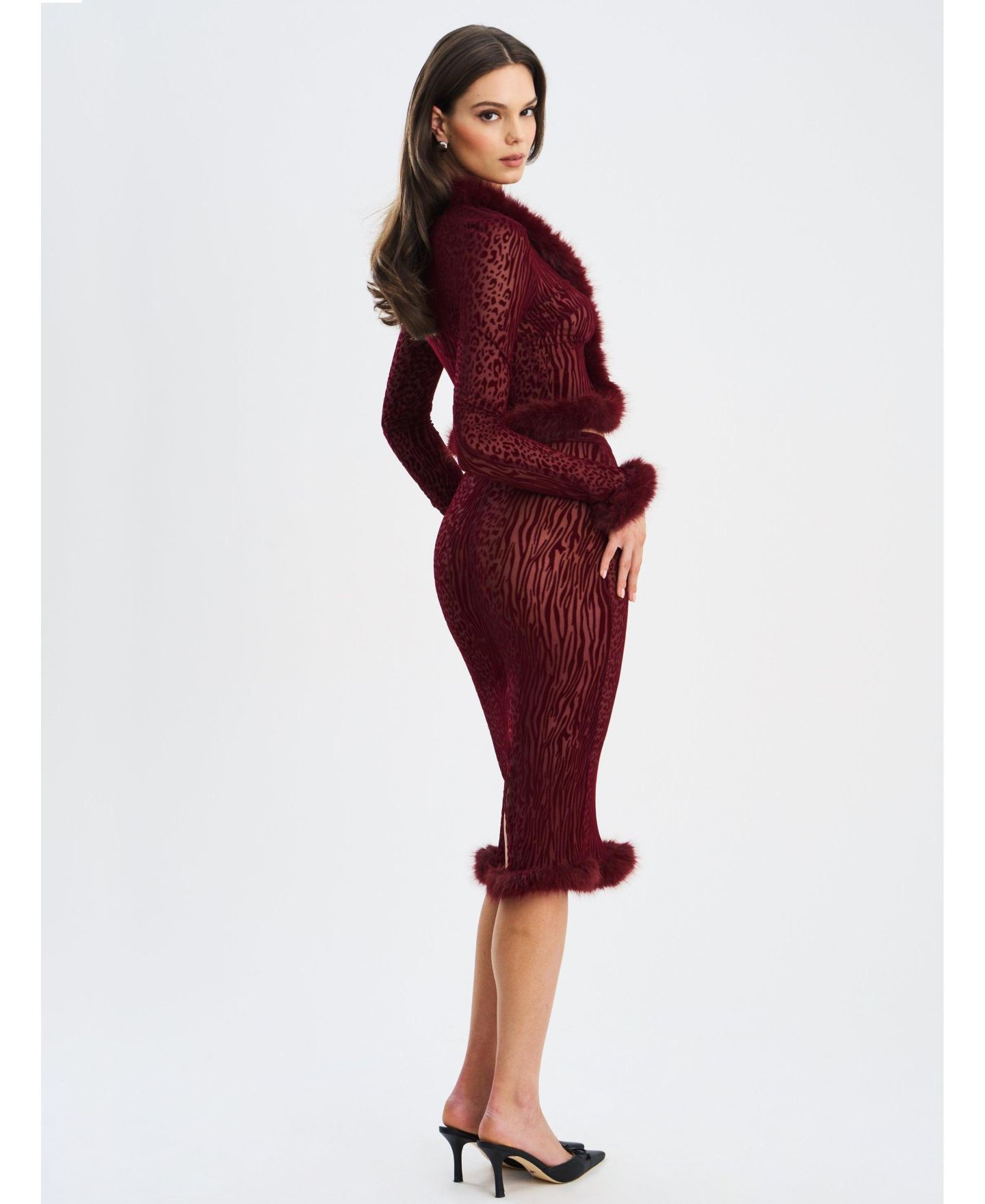 Женская юбка Miss Circle Halia Burgundy Animal Print Burnout Velvet Fur Trim — фото 6