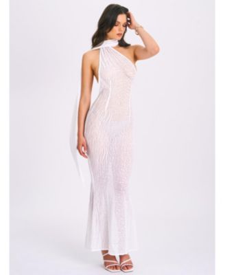 Women's Olena White Burnout Velvet Animal Print Mesh Halter Neck Maxi Dress