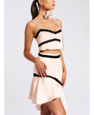 Women's Yareli Beige Lace Trim Satin Strappy Top