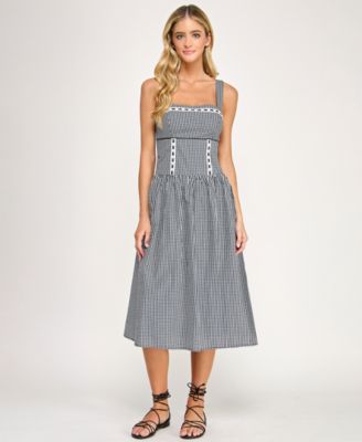 Juniors' Gingham Ribbon Trim and Smocked Back Square Neck Dress