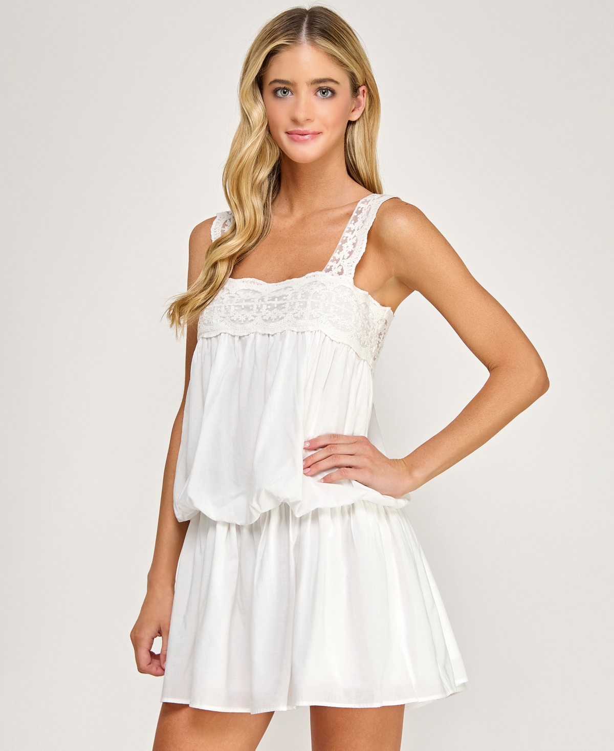 Seni & Cade Juniors' Lace Straps Square Neck Short Dress