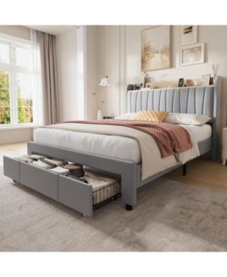  Upholstered Platform Bed Frame with Storage Drawers and Charging Station Headboard, No Box Spring Needed, Easy Assembly - Twin
