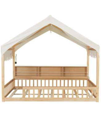 Wooden House Daybed with Fence, Storage, Curtain & LED