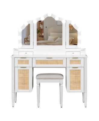 Makeup Vanity Desk with 13 Hollywood Bulbs, 3 Lighting Modes, Tri-Fold Mirror, 5 Drawers