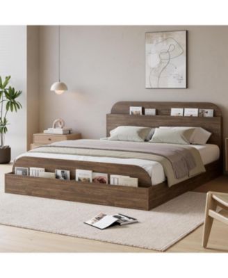 Wooden Bed Frame with Storage Headboard & Raised Footboard, Low Platform Design, Sturdy Slats Support