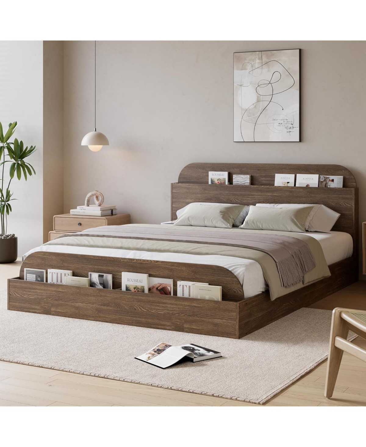 gaomon Wooden Bed Frame with Storage Headboard & Raised Footboard, Low Platform Design