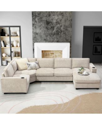 U-Shaped Sectional Sofa, 6 Seat Chenille Corner Couch with Cup Holders & Chaise