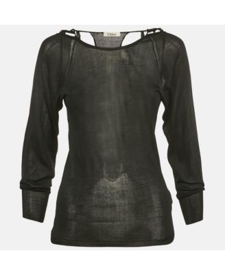 Women's Black Silk Knit Sheer Long Sleeve Top