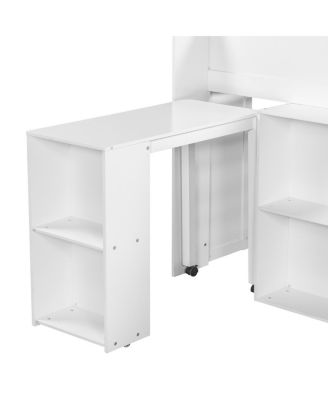  Wood Full Size Loft bed with Multiple Storage Shelves, Desk and LED