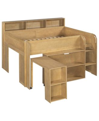  Wood Full Size Loft bed with Multiple Storage Shelves, Desk and LED