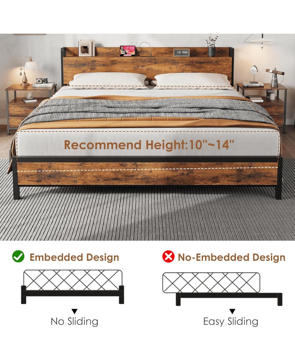 gaomon King Size Bed Frame Charging Station with 2 Usb Ports & 2 Ac Outlets, Heavy Duty Metal Bed Frame with Wooden Headboard and Footboard