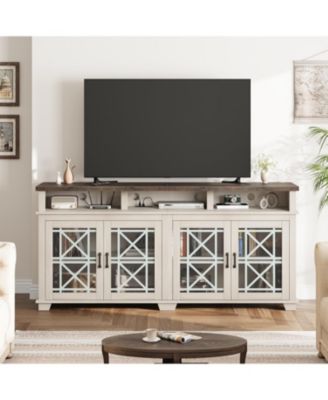 Farmhouse TV Stand for 81 Inch, Mid Century Modern Entertainment Center with LED Lights and Storage, Wooden Media Console Cabinet