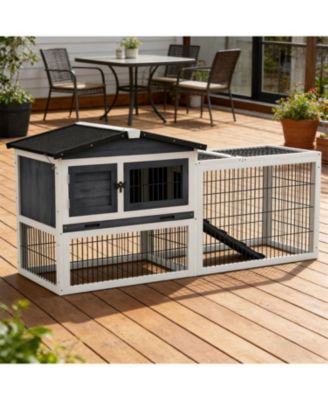 Secure Outdoor Cat Hutch - Ventilated Wooden Shelter with Wheels，Dark Grey