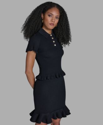 Women's Ruffle Hem Short-Sleeve Polo Sweater