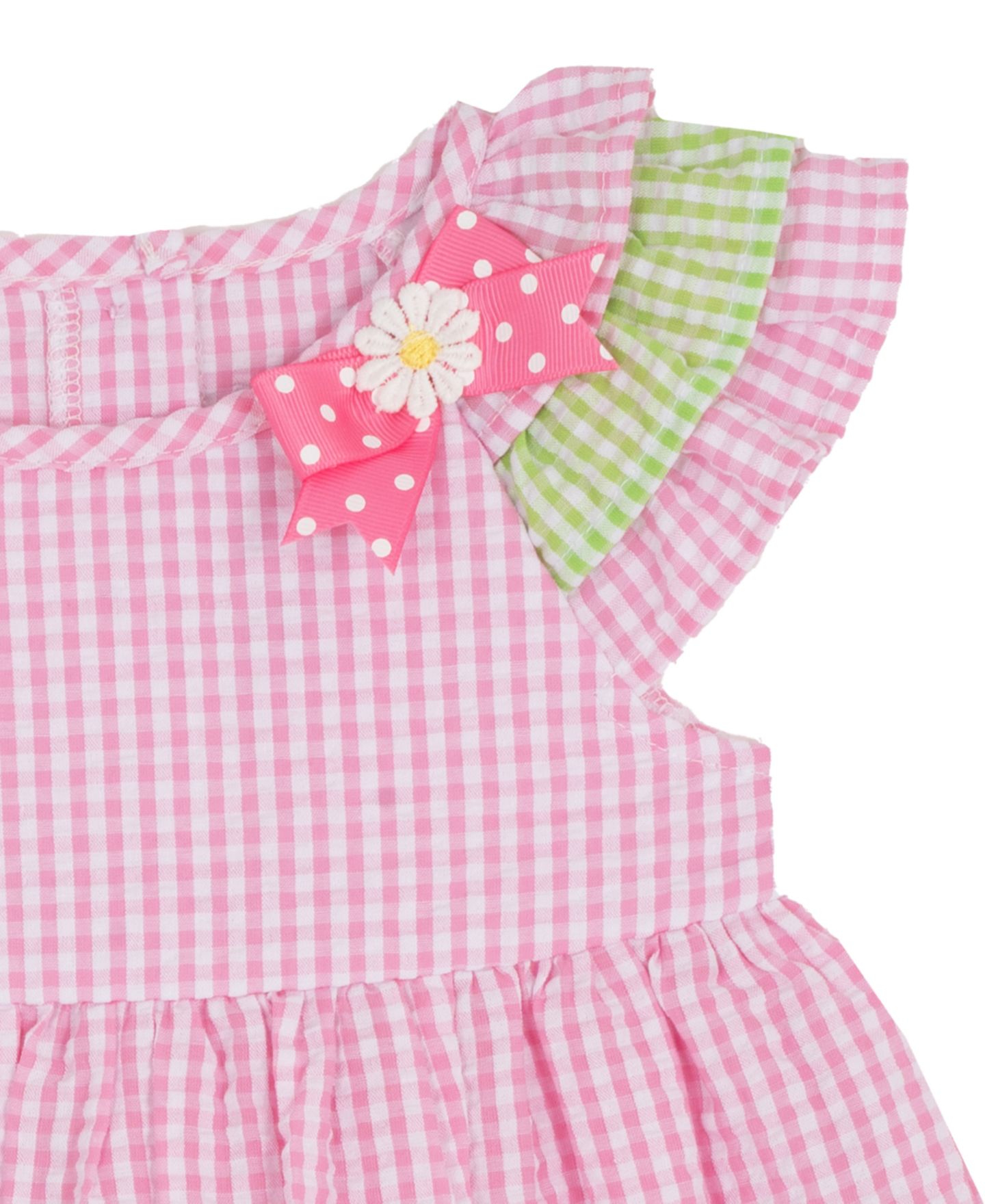 Комплект Rare Editions Pink Seersucker Daisy Applique Round Neck Dress and Panty, 2-Piece Set для девочек-малышей, цвет: Розовый / Зелёный — фото 4