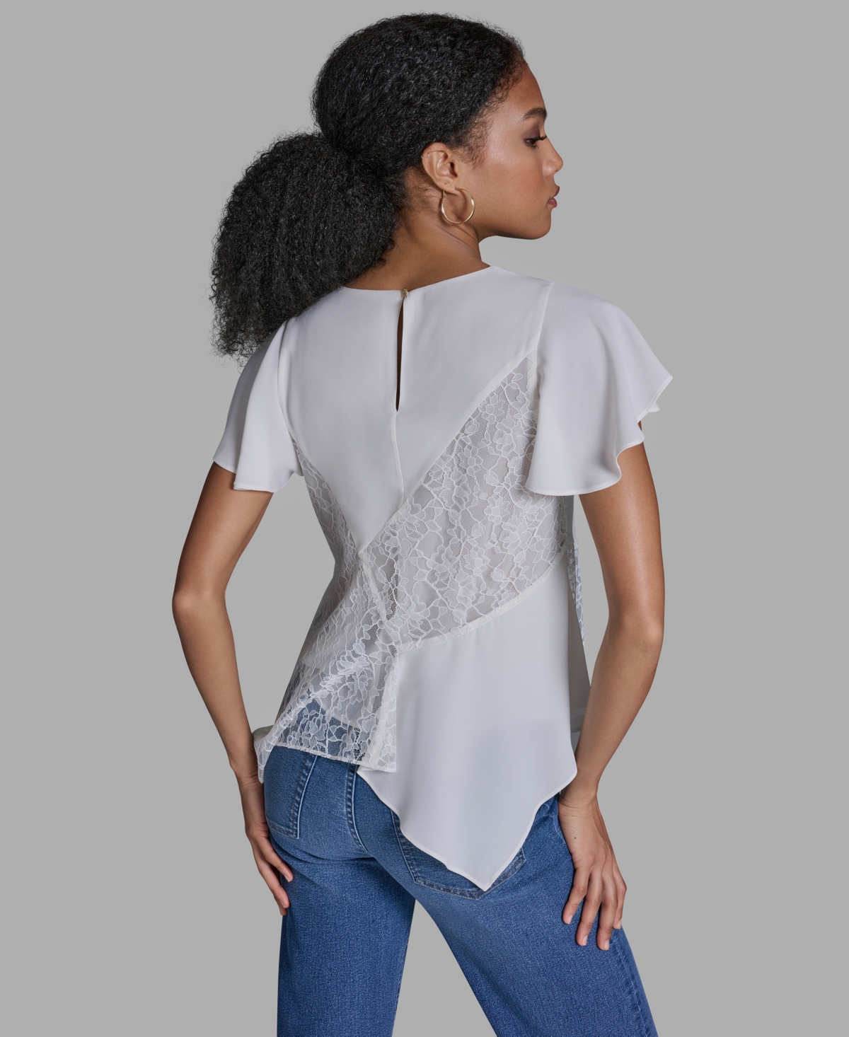 Bcbg Women's Crewneck Flutter-Sleeve Asymmetrical Lace Top