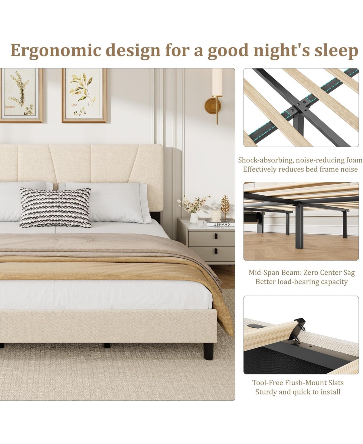 gaomon Linen Upholstered Platform Bed Frame with Adjustable Headboard, Strong Wooden Slats