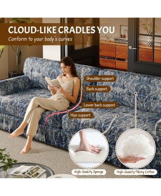 74" 3-Seater Cloud Couch, Oxford Fabric Sofa with Rolled Arms & Skirt, Blue Floral