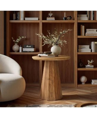  Solid Wood End Table, 19" Small Round Pedestal Side Table with Fluted Base, Farmhouse Bedside Table for Living Room, Small Space