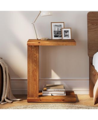 Solid Wood C-Shaped End Table Set of 2, Wooden Side Table for Sofa, 2-Tier Bedside Nightstand for Living Room, Bedroom