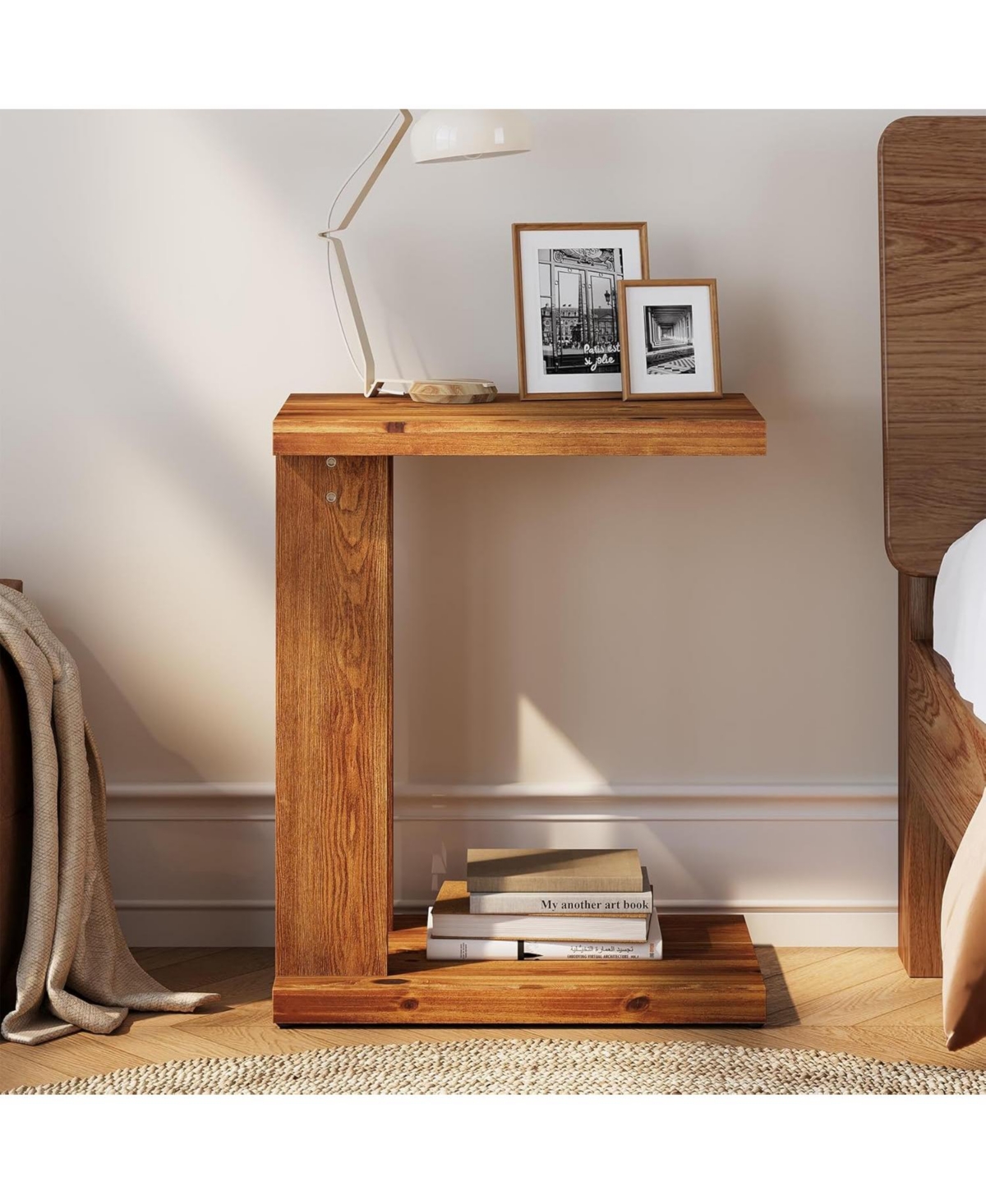 Tribesigns Solid Wood C-Shaped End Table Set of 2, Wooden Side Table for Sofa, 2-Tier Bedside Nightstand for Living Room, Bedroom