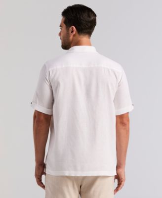 Men's Border Palm Embroidered Linen-Blend Short-Sleeve Shirt