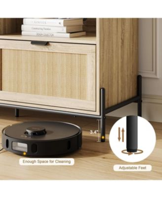 TV Stand for 65 Inch TV, Entainment Center with Storage, Rattan TV Console with 3 Drawers and Open Shelf, Mid Century Modern TV Stand