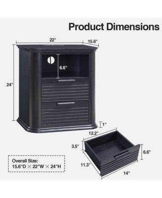 22" Fluted Nightstand with Charging Station, Modern Bedside Table with 2 Drawers and Open Storage for Living Room, Bedroom