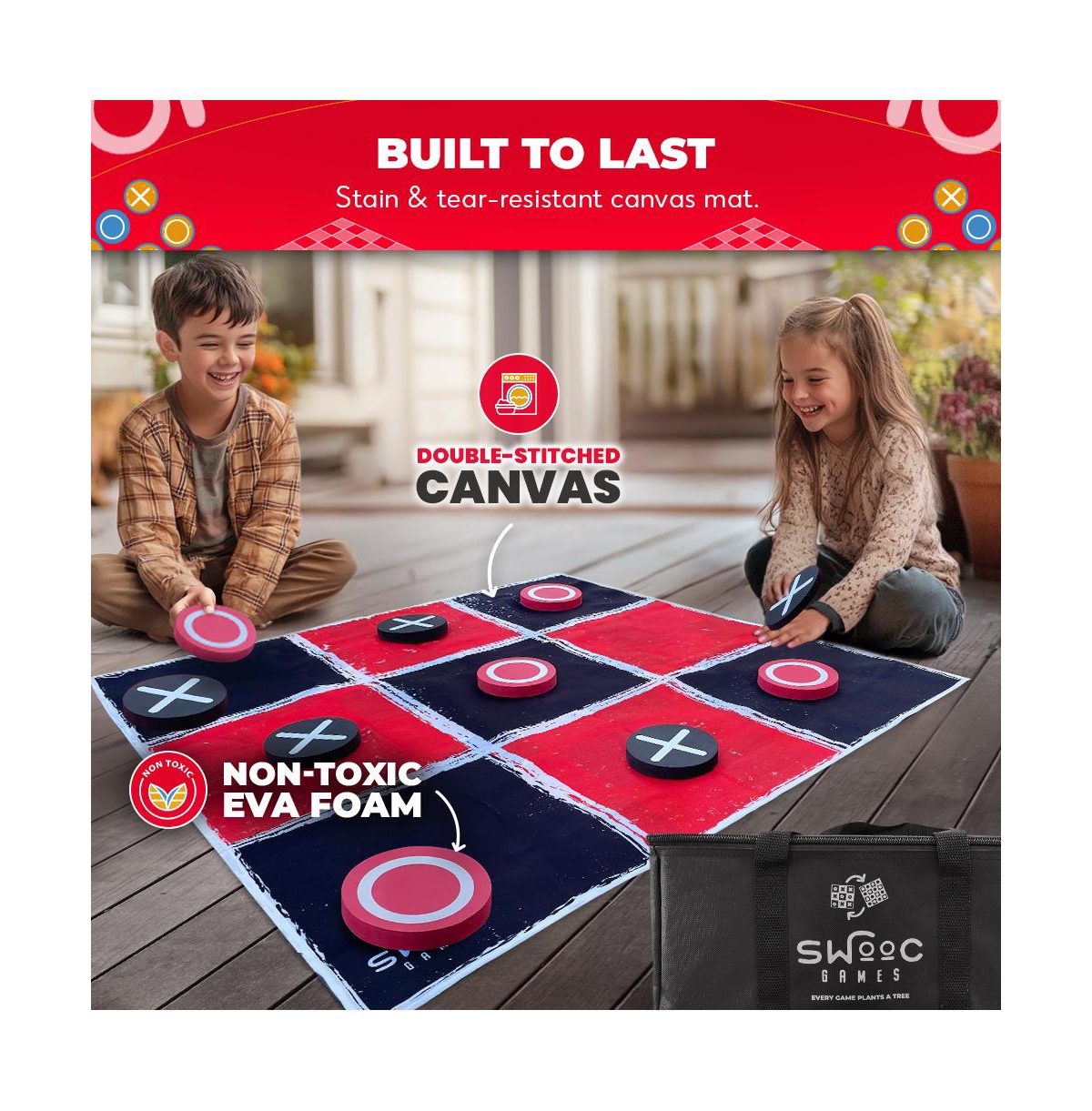 Swooc 2-in-1 Vintage Giant Checkers & Tic Tac Toe Game W/ Mat - 100% Machine-Washable Canvas With Big Foam Discs