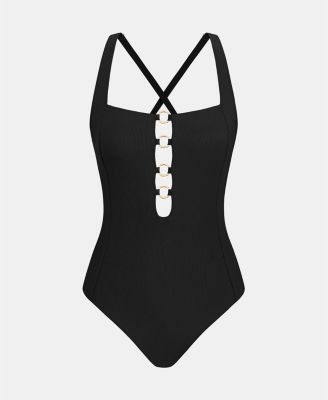 Women's Square Neck Crossback Ring Detail One-Piece Swimsuit