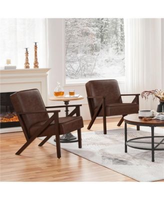 Faux Leather Armchair with Z-shaped Wood Legs