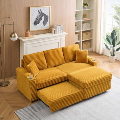80 Inch Corduroy Sleeper Sofa Bed with Storage Ottoman, Pull-Out Convertible Couch for Living Room or Guest Room