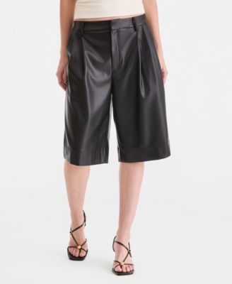 Women's Faux-Leather Pleated Bermuda Shorts