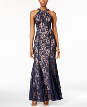 Nightway Petite Lace Keyhole Halter Gown