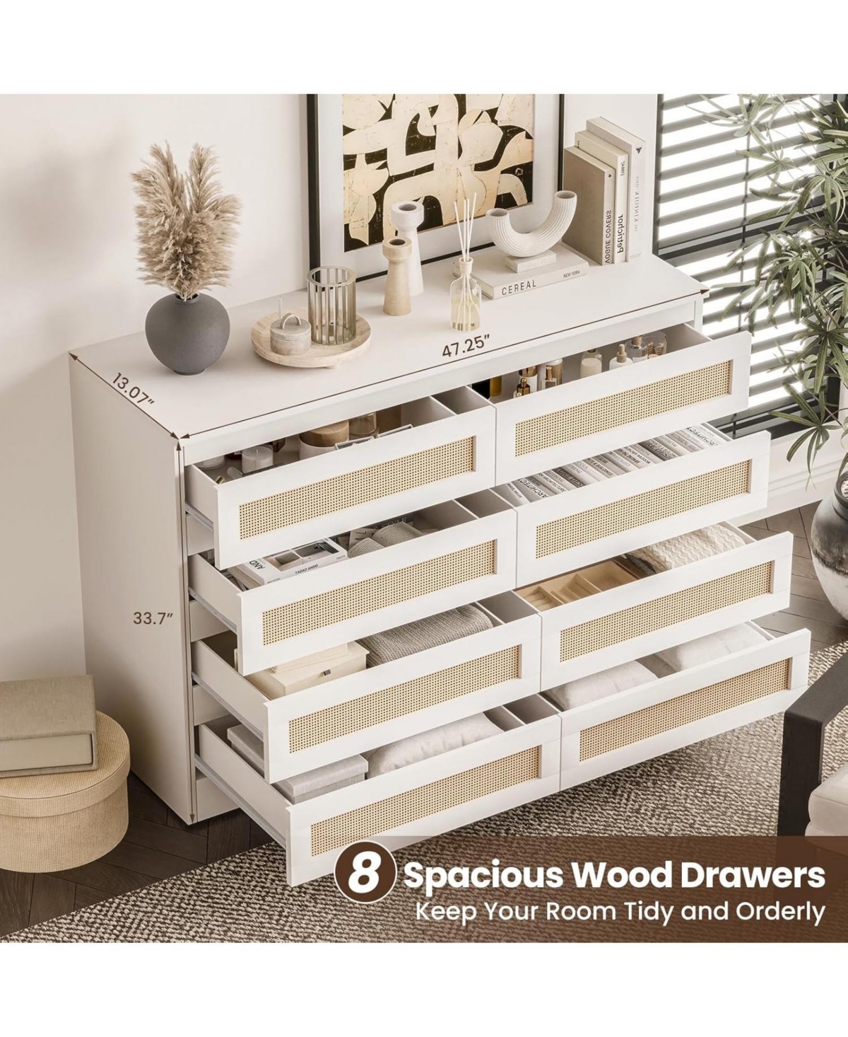 gaomon Rattan Dresser for Bedroom with 8 Drawers, 47'' Wide Chest of Oak Furniture Large Storage Tower Unit, Closet Store Organizer