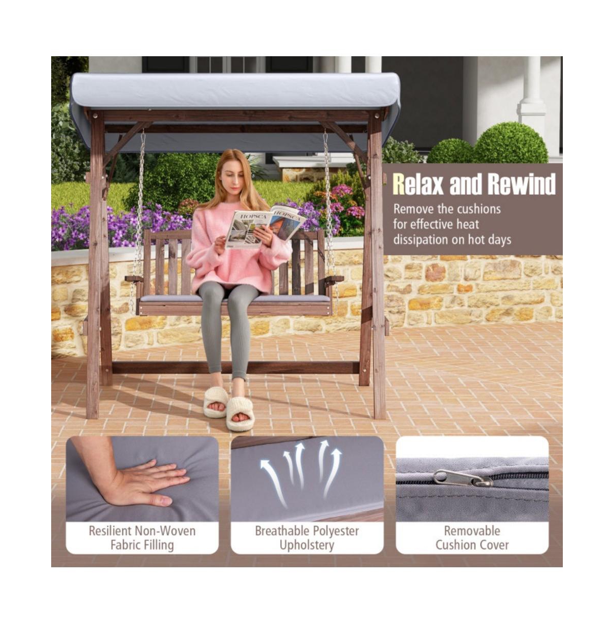 2-Person Porch Swing with Fir Wood Stand and Tilt Canopy